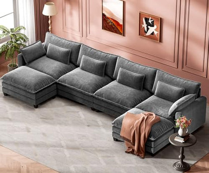 Marsail Modular Sectional Sofa 145.6" U-Shaped Modern Comfy Cloud Couch, 6-Seat Chenille Deep Seat Sofa with Throw Pillow & Movable Ottoman for Living Room, Bedroom and Apartment, Grey - color: Grey, size: 145.6" - U Shape