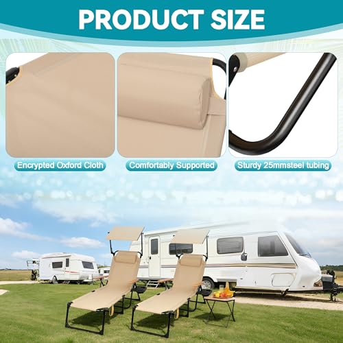 Beach Lounge Chair with Sun Shade, Folding Outdoor Chaise Lounge Chair with Arms, 4-Position Backrest, Extended Sun Tanning Chair Pillow & Cup Holder, Patio Lounger for Outside for Beach(Beige-U) - color: Beige-u