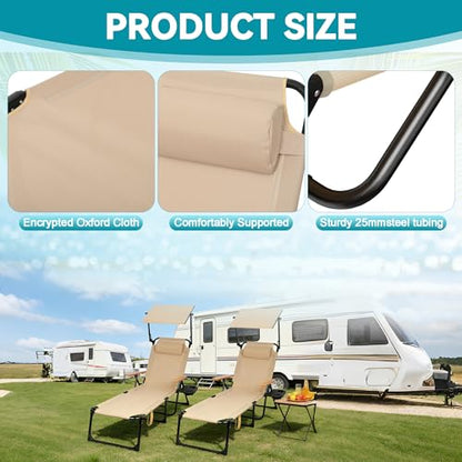Beach Lounge Chair with Sun Shade, Folding Outdoor Chaise Lounge Chair with Arms, 4-Position Backrest, Extended Sun Tanning Chair Pillow & Cup Holder, Patio Lounger for Outside for Beach(Beige-U) - color: Beige-u