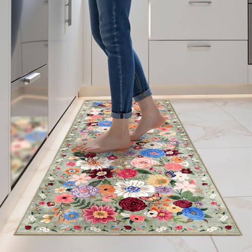 Green Garden Floral Hallway Runner Rug 2x5 for Bedroom Kitchen | Rubber Backing; Non Slip; Soft;Machine Washable; Ideal for Bathroom, Entryway, Laundry Room - color: Green, size: 2' x 5' (Rectangular)