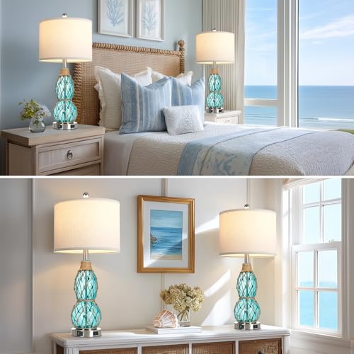 Rinweey 26" Coastal Glass Table Bedside Lamps Set of 2, 3-Way Dimmable Touch Lamps with USB Ports and AC Outlet, Nautical Nightstand Lamps for Bedroom Living Room,Teal - color: Teal