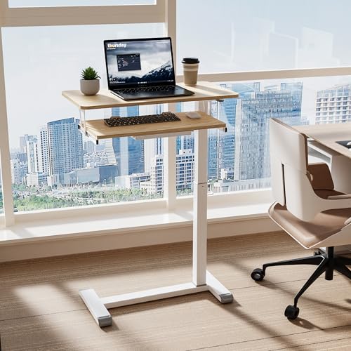 ETHU Height Adjustable Mobile Overbed Table with Keyboard Tray, Oak | Mobile Table Tray for Sofa Side, Hospital Bed Workstation Table for Home and Office Laptop Use, 30.31"Lx15.74"W - color: Oak
