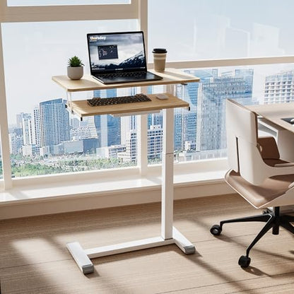 ETHU Height Adjustable Mobile Overbed Table with Keyboard Tray, Oak | Mobile Table Tray for Sofa Side, Hospital Bed Workstation Table for Home and Office Laptop Use, 30.31"Lx15.74"W - color: Oak