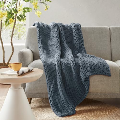 Madison Park Chunky Double Knit All Season Throw Blanket, 50 x 60, Indigo | Ultra Soft, Acrylic, Cozy Warmth for Sofa or Bed, Boho, OEKO-TEX Certified - color: Indigo