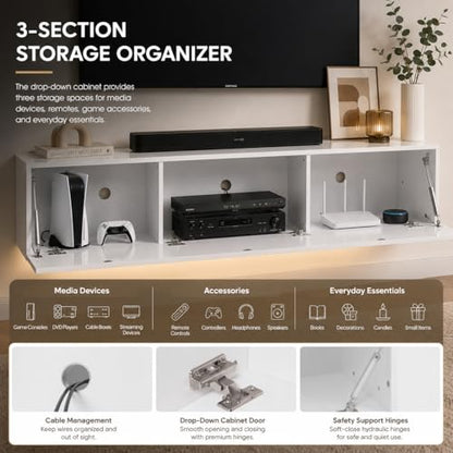 63" Floating TV Stands for Living Room w/ Storage, LED Entertainment Center | Fits TVs up to 70", Glossy Front, Hidden Storage, Wall Mounted, Cable Management, RGB LED, Easy to Clean, Modern Style - color: White