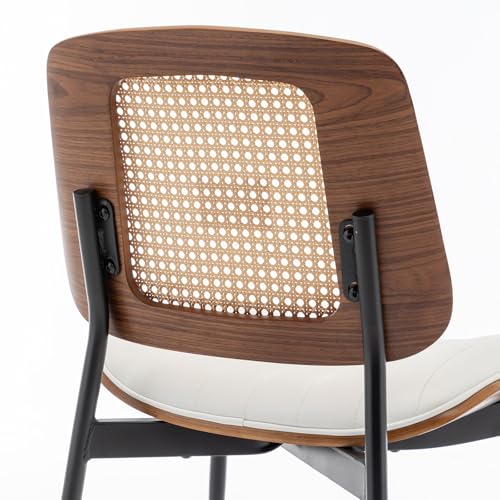 LUNLING Dining Chairs Set of 4 Mid Century Modern Retro White Faux Leather Kitchen Chairs with Walnut Bentwood Upholstered Seat Metal Legs Chair Adjustable Foot for Kitchen Dining Room - color: White, size: Set of 4