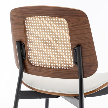 LUNLING Dining Chairs Set of 4 Mid Century Modern Retro White Faux Leather Kitchen Chairs with Walnut Bentwood Upholstered Seat Metal Legs Chair Adjustable Foot for Kitchen Dining Room - color: White, size: Set of 4