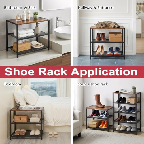 Small Narrow Shoe Rack for Entryway, 3-Tier Metal Wood Shoe Shelf | Shoe Storage Organizer, Holds 6 Pairs, Wooden Table Top, Mesh Shelves, for Front Door Entrance Closet Floor Hallway Bedroom - size: 17"D x 10.24"W x 15.75"H