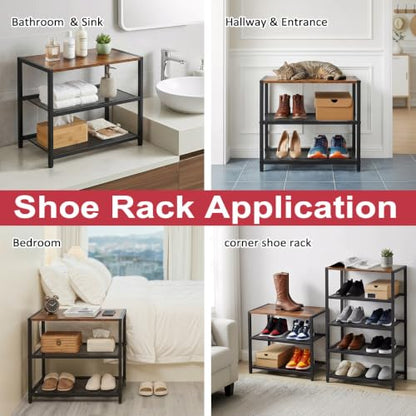 Small Narrow Shoe Rack for Entryway, 3-Tier Metal Wood Shoe Shelf | Shoe Storage Organizer, Holds 6 Pairs, Wooden Table Top, Mesh Shelves, for Front Door Entrance Closet Floor Hallway Bedroom - size: 17"D x 10.24"W x 15.75"H
