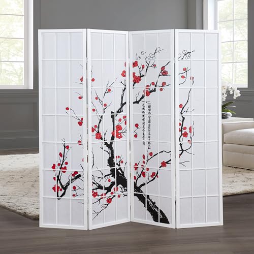 Roundhill Furniture White Japanese 4-Panel Screen Room Divider, Plum Blossom - color: White
