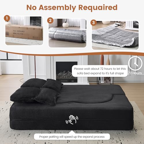 78” Convertible Sofa Bed, Full Size Sleeper Couch, Black | Boneless Folding Loveseat, Deep Seat, Soft Chenille, 4 Pillows, No Assembly, for Guest Living Room Bedroom - color: Black, size: 78"