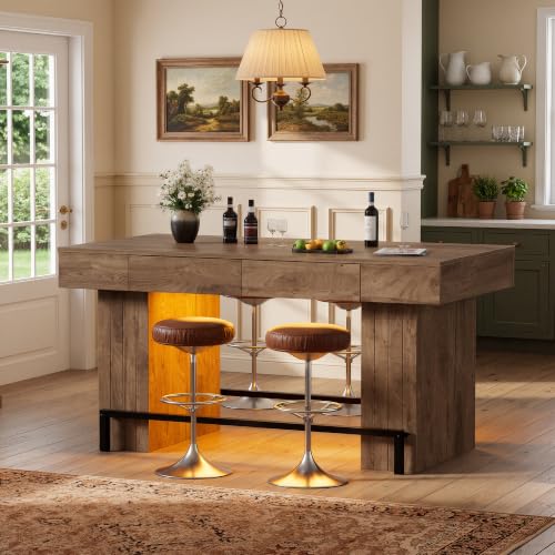 PAKASEPT 63" Bar Table, Rectangular Counter Height Pub Table with 4 Drawers and LED Lights, Large Wooden Counter Height Kitchen Island for Home Bar, Dining Room, Restaurant