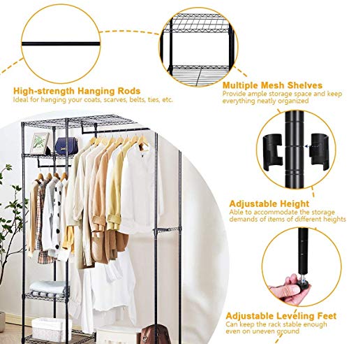 4 Shelves Garment Rack Heavy Duty Clothes Rack Portable Wire Shelving Clothing Racks with 3 Hanging Rod Freestanding Closet Metal Storage Rack Armoire Wardrobe Closet, Max Load 396.9LBS, Black