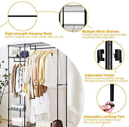 4 Shelves Garment Rack Heavy Duty Clothes Rack Portable Wire Shelving Clothing Racks with 3 Hanging Rod Freestanding Closet Metal Storage Rack Armoire Wardrobe Closet, Max Load 396.9LBS, Black