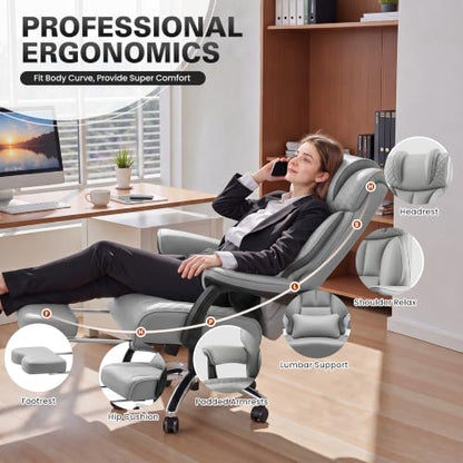 BestGlory Office Desk Chair, Big and Tall Leather Gaming Chair with Footrest, Ergonomic Comfy Executive High-Back Reclining Computer Chairs, Wide Swivel Rolling Wheels and Padded Lumbar Support, Gray - color: Grey, style: Freely Reclining