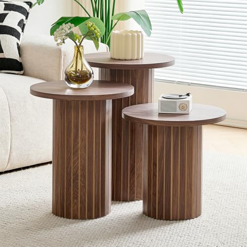 Round Nesting Coffee Table Set of 3 Mid Century Modern Wood Round Coffee Tables with Flexible Small Boho Circle End Table for Space Saving Living Room Comedor Home Office Bedroom(Brown) - color: 3pcs Brown