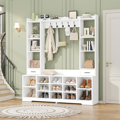 Farmhouse Hall Tree with 2 Independent Drawers,6-in-1 Entryway Bench with Coat Rack Adjustable Shoe Storage for Foyer/Hallway,White - color: White