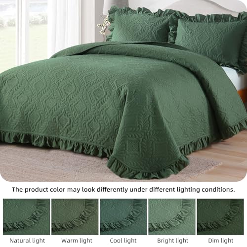 DJY Queen Quilt Set, 3 Pieces Ruffled Bedspreads Quilt, Olive Green | Lightweight Soft Bedding Coverlet for All Seasons, 96''x90'' (Includes 1 Quilt, 2 Pillow Shams) - color: Olive Green, size: Queen