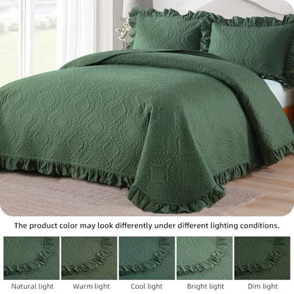 DJY Queen Quilt Set, 3 Pieces Ruffled Bedspreads Quilt, Olive Green | Lightweight Soft Bedding Coverlet for All Seasons, 96''x90'' (Includes 1 Quilt, 2 Pillow Shams) - color: Olive Green, size: Queen