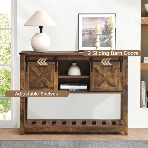Farmhouse Entryway Table with Sliding Barn Doors, Wood Console Table with Storage Shelf, Rustic Sofa Table for Living Room, Entryway, Foyer, Brown - color: Brown