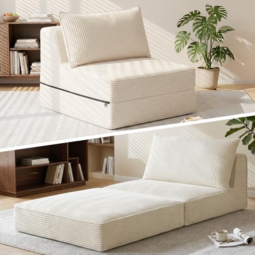 Erament Folding Sofa Bed, 8" Convertible Sleeper Sofa Fold Out Chair Bed with Pillow, Portable Floor Couch Lounge Sofa for Living Room Bedroom Guest Room, Beige - color: Beige, size: Single