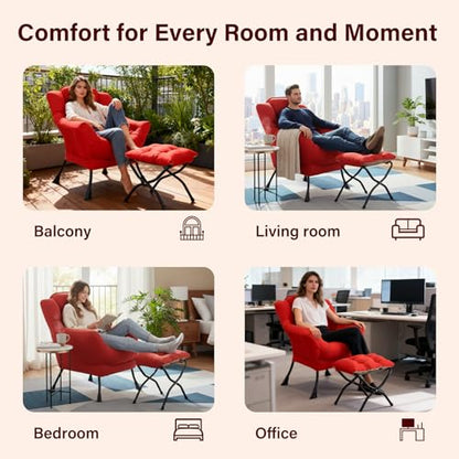 Modern Lazy Chair with Ottoman Lounge Accent Reading Chair for Living Room | Foldable Footstool,Removable Cover,Soft Padded Seat & Backrest,Upholstered Comfy Chair for Bedroom,Dorm,Office,Small Space - color: Red