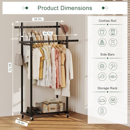 Lutown-Teen Metal Clothes Rack with Lockable Wheels, Double Rods, Black | Clothing Rack Heavy Duty with Storage Rods, 150 LB Capacity Garment Rack, Easy Assembly - color: Black, size: Double Rods
