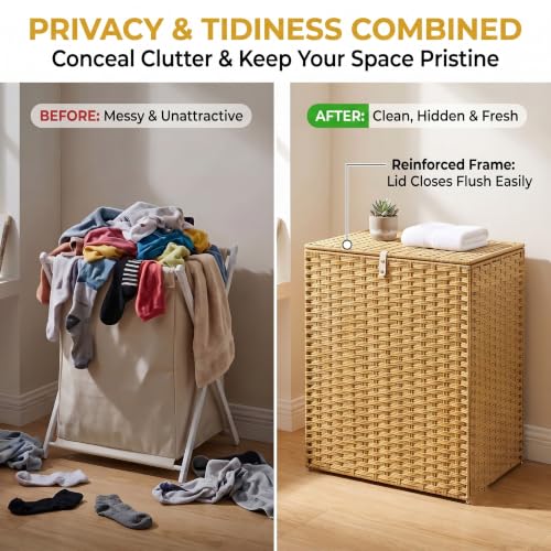 NEWBULIG 110L Extra Large Divided Laundry Hamper with Lid, 2 Section Collapsible Dirty Clothes Basket, Dual Removable Liner Bags for Bedroom, Bathroom, Closet and Dorm Room Organization Goose Yellow - color: Goose Yellow