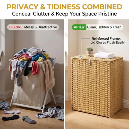 NEWBULIG 110L Extra Large Divided Laundry Hamper with Lid, 2 Section Collapsible Dirty Clothes Basket, Dual Removable Liner Bags for Bedroom, Bathroom, Closet and Dorm Room Organization Goose Yellow - color: Goose Yellow