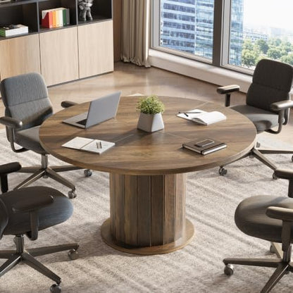 Tribesigns 47-Inch Round Conference Table with Sturdy Pedestal for 4-6 | Rustic Meeting Table with Thick Tabletop, Circular Office Table for Conference Room, Meeting Room, Home Office, Brown