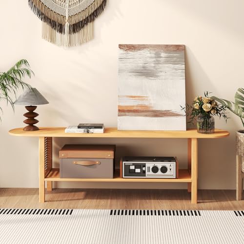 HollyHOME Bamboo TV Stand with Storage for TVs up to 65", Modern Entertainment Center with Rattan Side, Accent TV Table with 2 Shelf, Media Console TV Stand for Living Room, Bedroom, Burlywood - color: Rattan Side