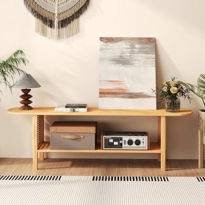 HollyHOME Bamboo TV Stand with Storage for TVs up to 65", Modern Entertainment Center with Rattan Side, Accent TV Table with 2 Shelf, Media Console TV Stand for Living Room, Bedroom, Burlywood - color: Rattan Side