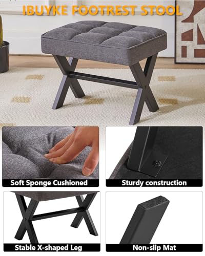 IBUYKE Small 12" H Footrest, Square Linen Step Stool, Dark Gray WBD011G | Foot Stool Metal X-Leg Multi-Use Small Side Table Living Room Bedroom Entryway Office - color: Dark Grey, size: 12.2"-Linen