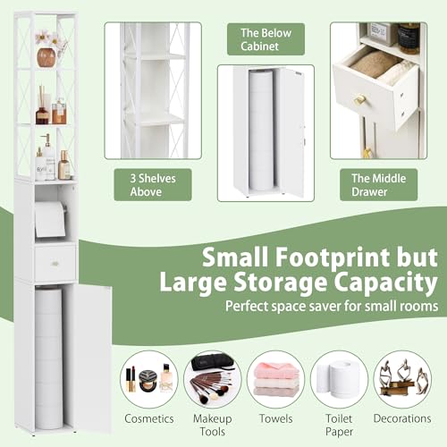VECELO Tall Narrow Storage Cabinet with X-Frame Metal Design, Slim Freestanding Bathroom Cabinet with Toilet Paper Holder, Magnetic Door & Drawer, for Small Spaces, 7.9" D x 7.9" W x 67" H, White - color: Hollow Top