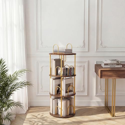 3 Tier Rotating Bookshelf, 360° Spinning Bookshelf Tower, Narrow Corner Book Shelf, Revolving Bookcase Corner Tall Book Shelf for Small Spaces, Bedroom, Living Room, Gold - color: Gold, size: 3 Tier, 43″H