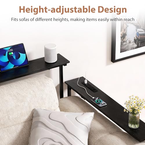 Adjustable Height Narrow Sofa Table with Built-in Power Outlets, 70" Long Console Table Behind Couch Table with Charging Station Skinny Entryway Table for Living Room & Hallway (Black) - color: Black, size: 70IN