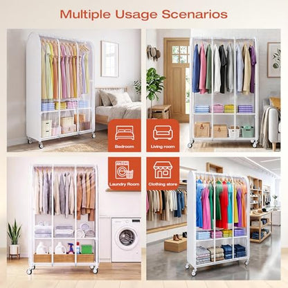 Univivi Heavy Duty Clothing Rack with Dust Cover and Bottom Storage Shelf | 360° Rotation Wheels, Tool-Free Quick Assembly, 2 Durable Zippers, Portable Closet Rack with Cover for Hanging Clothes - color: White Rack with White Cover