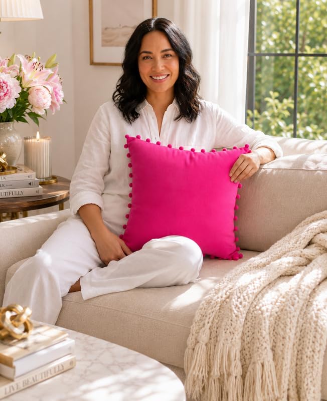 WWW.THROWPILLOW.IN Hot Pink Solid Cotton Cushion Cover with Pom Pom Preppy Decorative Throw Pillow Cover for Dorm Room,Feminine Chic Home Decor Accent Large Square Cushion 20x20 Inches