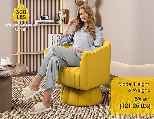Dewhut Swivel Barrel Accent Chair, Velvet Reading Armchair, Yellow, Set 1 | Mid Century Style, Modern Round ArmChair With 360° Swivel Base, For Living Room / Bedroom / Office - color: Yellow