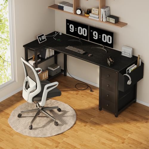 Lufeiya L Shaped Gaming Desk with Drawers & Storage Shelves, 63 Inch Corner Computer Desk with Power Outlet for Home Office Bedroom, L-Shaped Teen PC Desks with Fabric Drawer, Black - color: Black, size: 63"