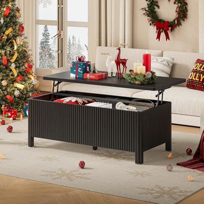 Fluted Lift Top Coffee Table with Storage, Mid Century Modern Coffee Table with Hidden Compartment, Rising Top Wood Center Table for Living Room, Home Office, Rounded Edges (Black) - color: Black