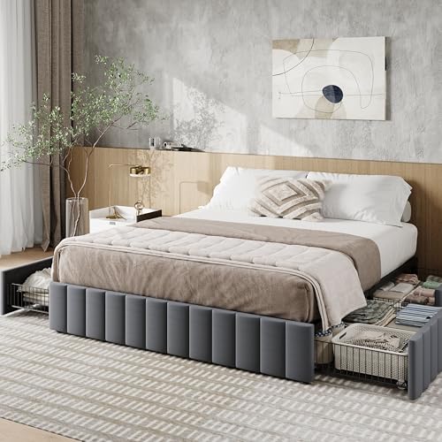 Allewie Queen Size Platform Bed Frame with 4 Large Storage Drawers, Velvet Vertical Channel Tufted Upholstered Bed Base, Wooden Slats Support, Noise-Free, No Box Spring Needed, Easy Assembly, Grey - color: Grey, size: Queen