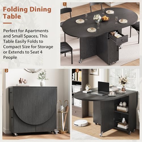 Jocoevol Round Folding Dining Table for 6, Space Saving Drop Leaf Kitchen Table with Storage Drawer, 6 Wheels Oval Gateleg Foldable Dining Table for Small Spaces (Black, 51" x 31.5" x 30") - color: Black
