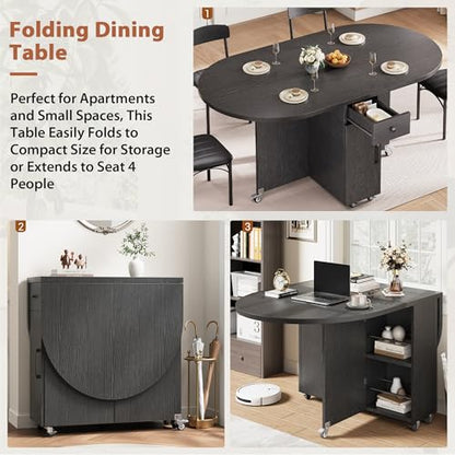 Jocoevol Round Folding Dining Table for 6, Space Saving Drop Leaf Kitchen Table with Storage Drawer, 6 Wheels Oval Gateleg Foldable Dining Table for Small Spaces (Black, 51" x 31.5" x 30") - color: Black