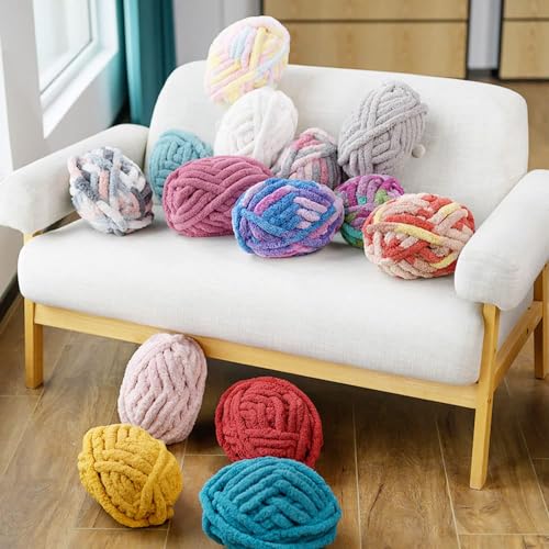 Chunky Knit Chenille Yarn for Hand Knitting Blankets, Super Soft Big Jumbo Blanket Yarn (Green) - color: Green