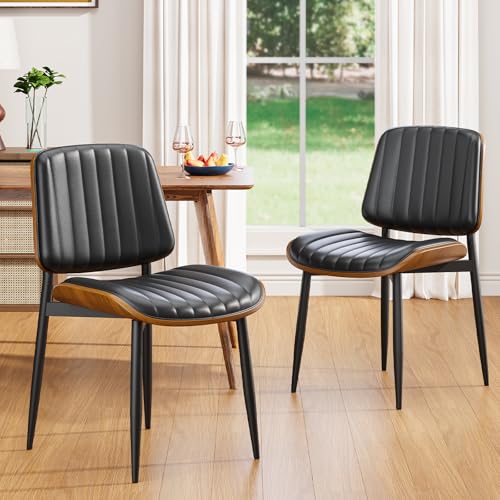 YaFiti Mid Century Dining Chairs with Walnut Bentwood, Set of 2, Black | Ergonomic Walnut Backrest, Upholstered Waterproof PU Leather Seat, Stable Metal Legs, Adjustable Footpads, Apartment Friendly - color: Black Pinstripe