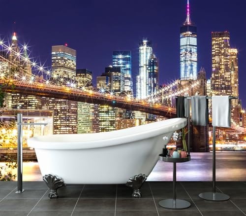 XMPMBM-Peel and Stick City Wallpaper new york City Night View wall Mural | Thick and tear-resistant,Will not be damaged during repositioning,Brooklyn Bridge at Night Bedroom wallpaper.M-118"X85" - color: M02, size: 118"x85"