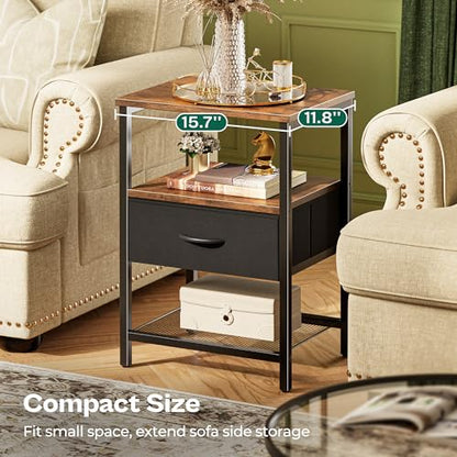 Huuger Night Stand with Fabric Drawer, Side Table with Mesh Shelf, Bedroom Nightstand, Fabric Drawer Dresser, Open Shelf, Metal Frame, Couch Side, Rustic Brown and Black | Bedroom Nightstand, Fabric Drawer Dresser, Open Shelf, Metal Frame, Couch Side, Rus