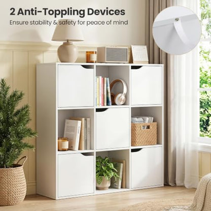 Giantex 9-Cube Storage Organizer, Storage Cabinet with 4 Open Cubes and 5 Cabinets, Freestanding Wooden Cubby Bookcase, Compartment Units for Home Office, 3-Tier Bookshelf for Books | Wooden Storage Cabinet, 4-Tier Freestanding Cubby Bookcase, Compartment
