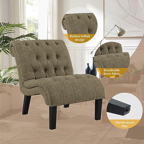 Accent Chairs Set of 2 Modern Armless Living Room Bedroom Side Chairs Button Tufted Upholstered Leisure Chair with Wood Legs - color: Khaki, size: 2 Chairs